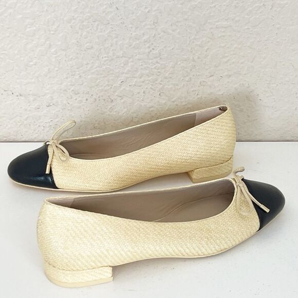 Stuart Weitzman Sleek Bow rounded toe black ballet Flats with natural raffia 8.5 - Picture 9 of 17